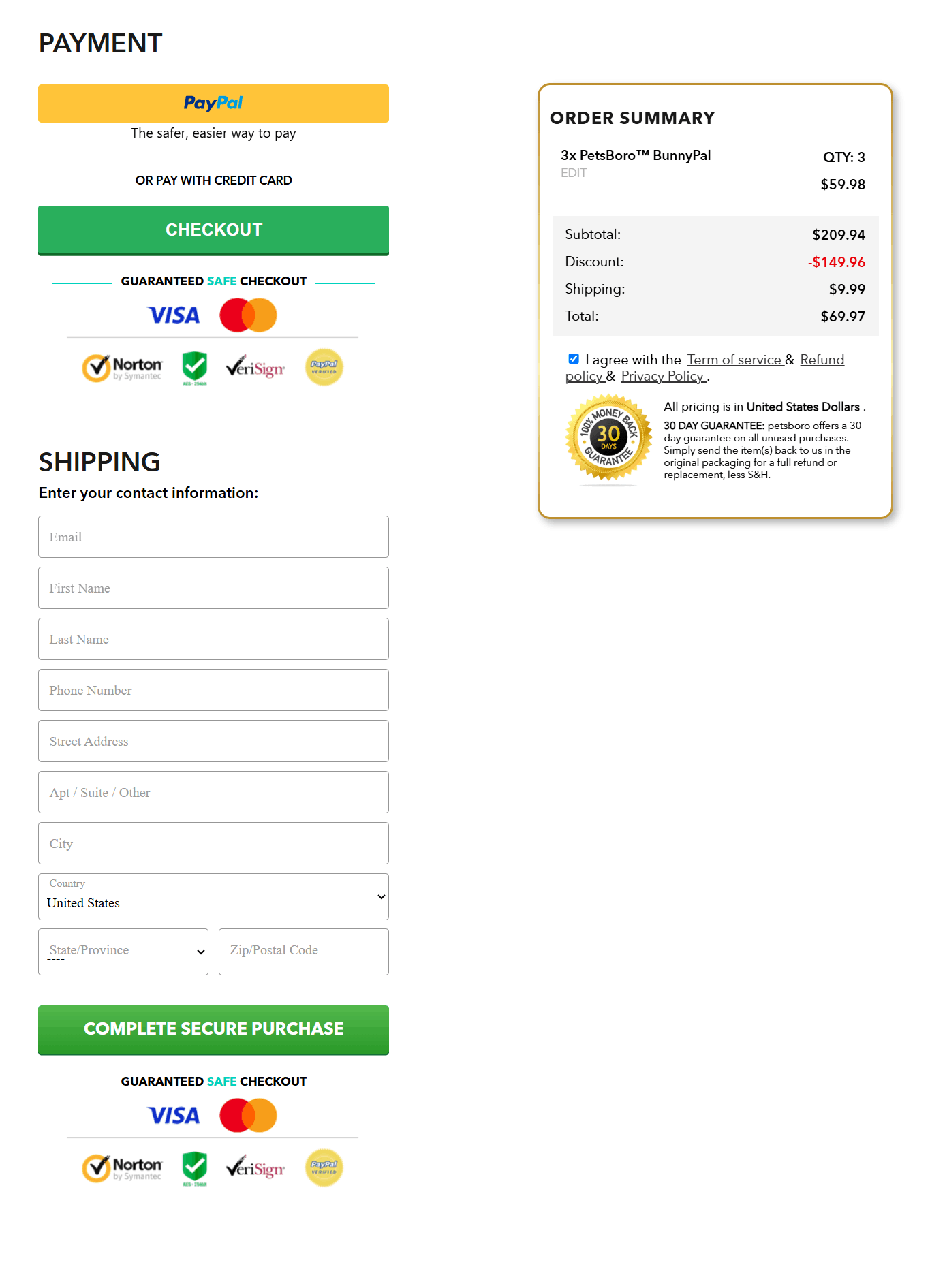 Petsboro Bunny pal checkout page